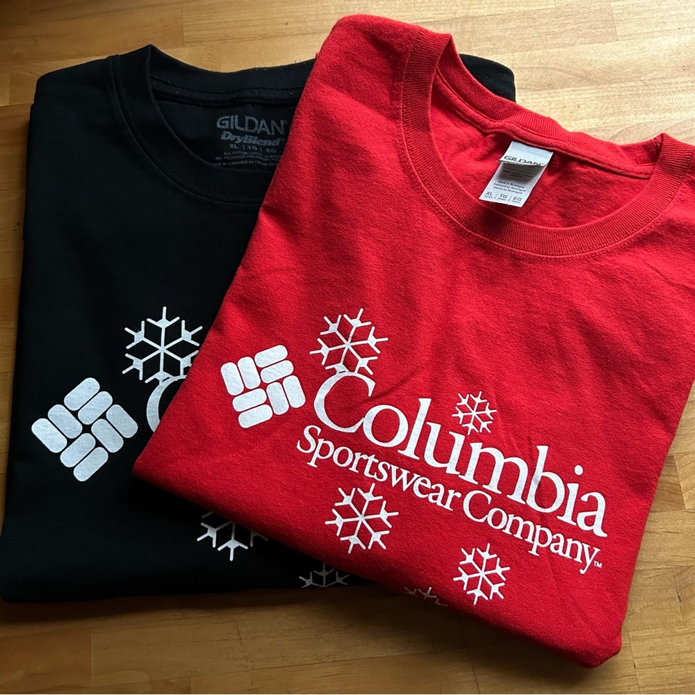 TWO Columbia T-Shirts with Snowflakes. Red and Black. Mens XL